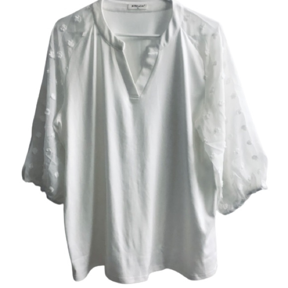🌱 2/$50 NEW  XL Light Airy Boho White Blouse Top Relaxed Fit 3/4 Chiffon Sleeve